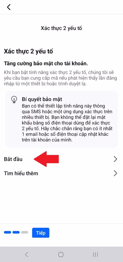 Tai muc Xac thuc 2 yeu to click Bat dau